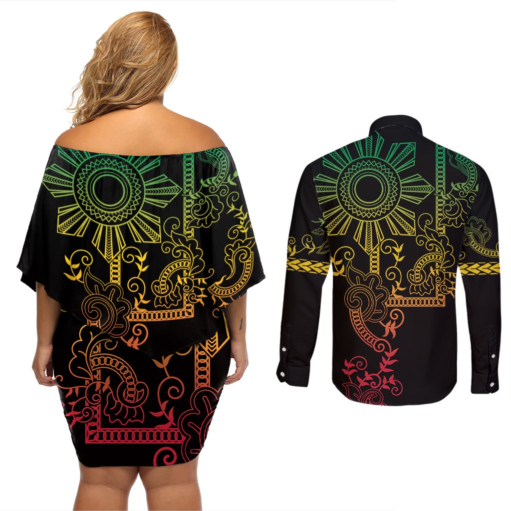 Filipino Sun Tribal Tattoo Couples Matching Off Shoulder Short Dress and Long Sleeve Button Shirt Philippines Inspired Barong Reggae Art LT9 - Polynesian Pride