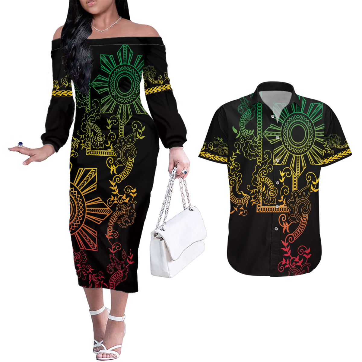 Filipino Sun Tribal Tattoo Couples Matching Off The Shoulder Long Sleeve Dress and Hawaiian Shirt Philippines Inspired Barong Reggae Art LT9 Reggae - Polynesian Pride