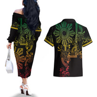 Filipino Sun Tribal Tattoo Couples Matching Off The Shoulder Long Sleeve Dress and Hawaiian Shirt Philippines Inspired Barong Reggae Art LT9 - Polynesian Pride