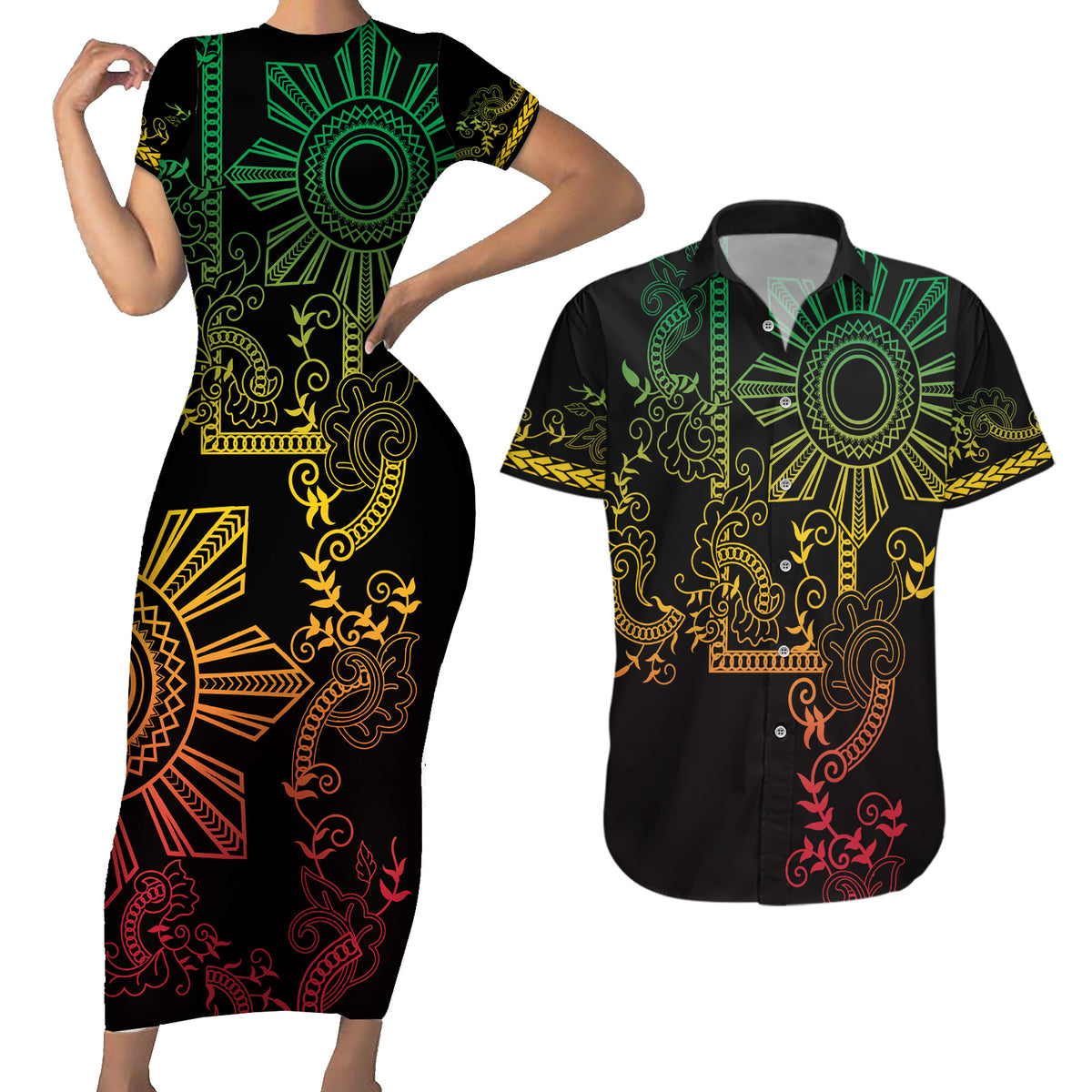 Filipino Sun Tribal Tattoo Couples Matching Short Sleeve Bodycon Dress and Hawaiian Shirt Philippines Inspired Barong Reggae Art LT9 Reggae - Polynesian Pride