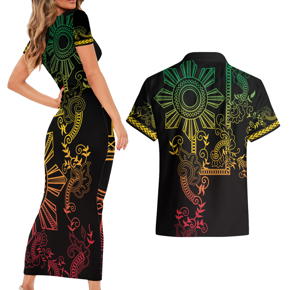 Filipino Sun Tribal Tattoo Couples Matching Short Sleeve Bodycon Dress and Hawaiian Shirt Philippines Inspired Barong Reggae Art LT9 - Polynesian Pride