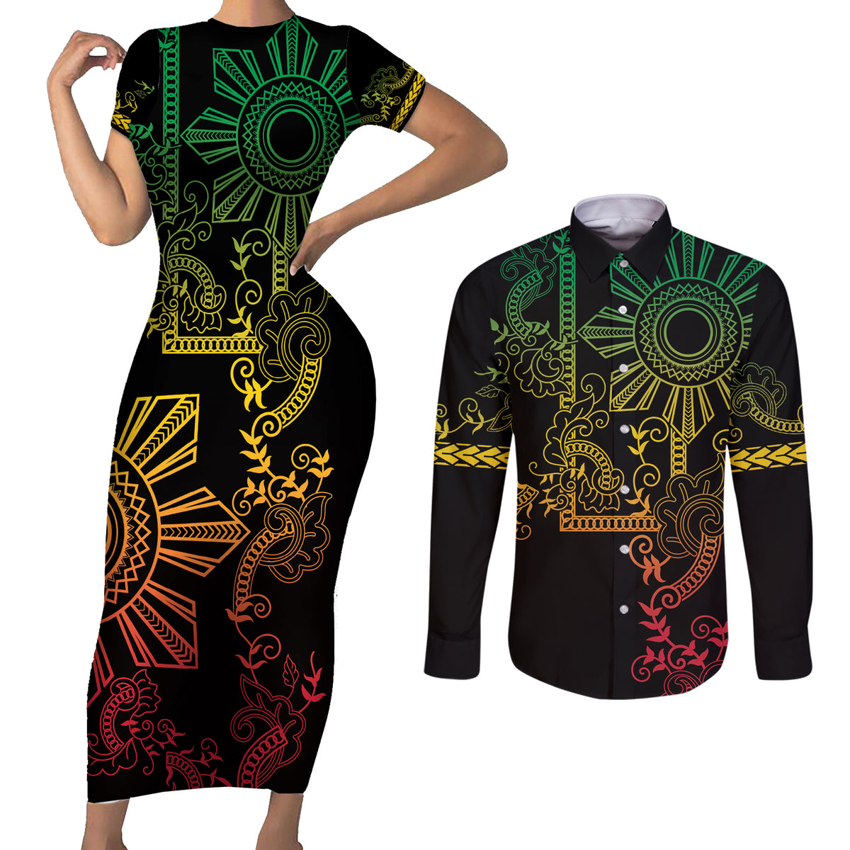 Filipino Sun Tribal Tattoo Couples Matching Short Sleeve Bodycon Dress and Long Sleeve Button Shirt Philippines Inspired Barong Reggae Art LT9 Reggae - Polynesian Pride