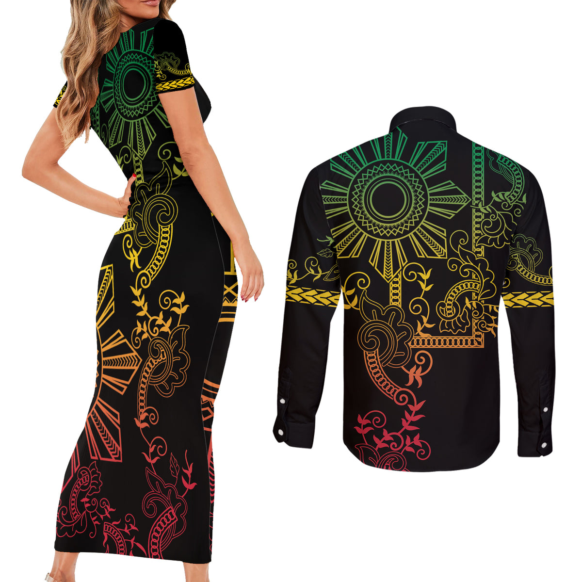 Filipino Sun Tribal Tattoo Couples Matching Short Sleeve Bodycon Dress and Long Sleeve Button Shirt Philippines Inspired Barong Reggae Art LT9 - Polynesian Pride