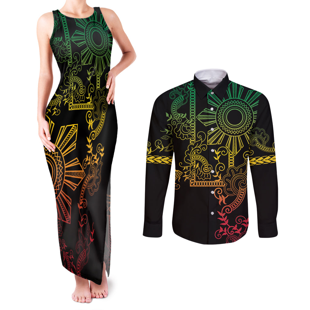 Filipino Sun Tribal Tattoo Couples Matching Tank Maxi Dress and Long Sleeve Button Shirt Philippines Inspired Barong Reggae Art LT9 Reggae - Polynesian Pride
