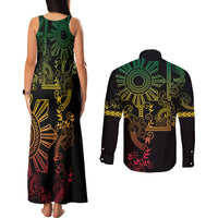 Filipino Sun Tribal Tattoo Couples Matching Tank Maxi Dress and Long Sleeve Button Shirt Philippines Inspired Barong Reggae Art LT9 - Polynesian Pride