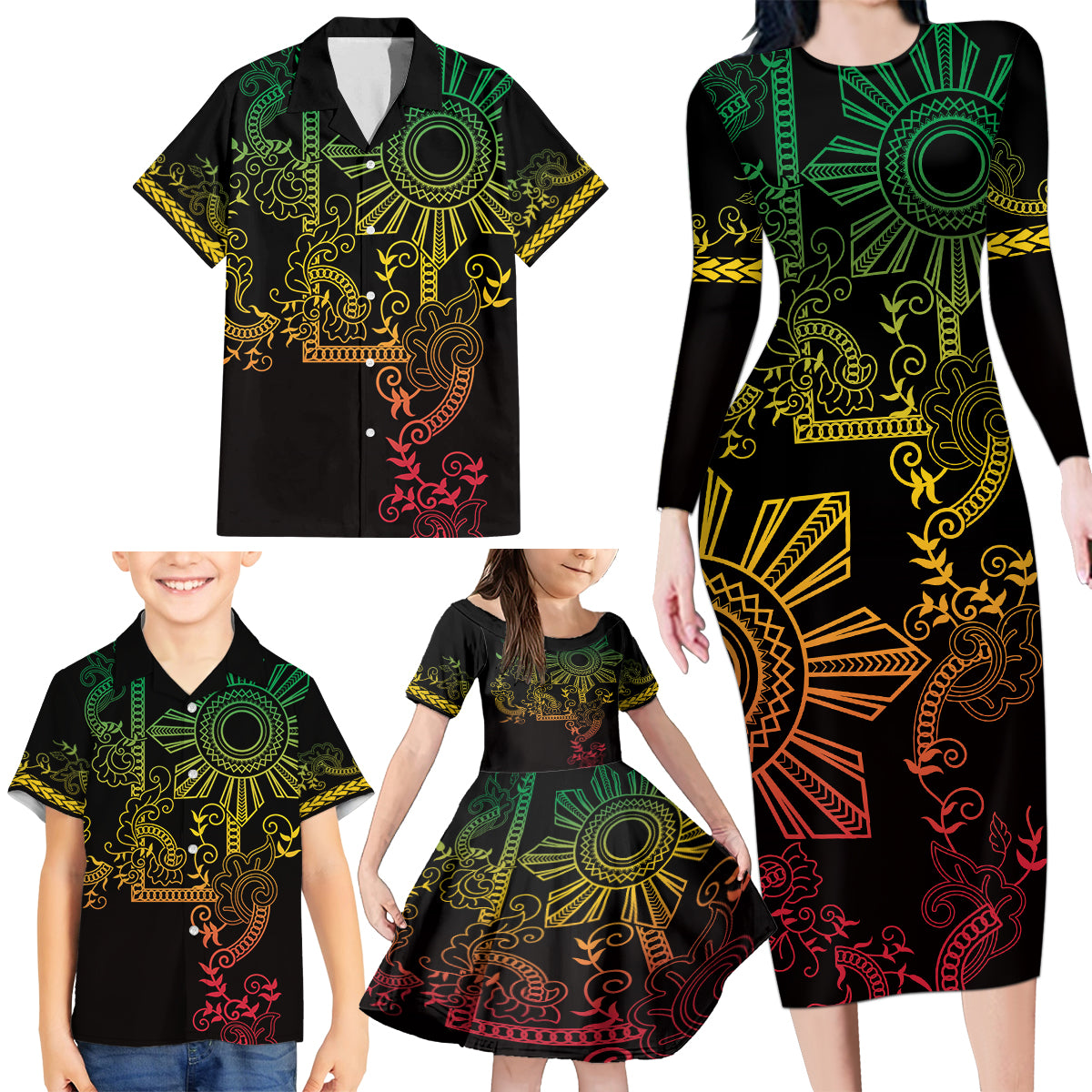 Filipino Sun Tribal Tattoo Family Matching Long Sleeve Bodycon Dress and Hawaiian Shirt Philippines Inspired Barong Reggae Art LT9 - Polynesian Pride