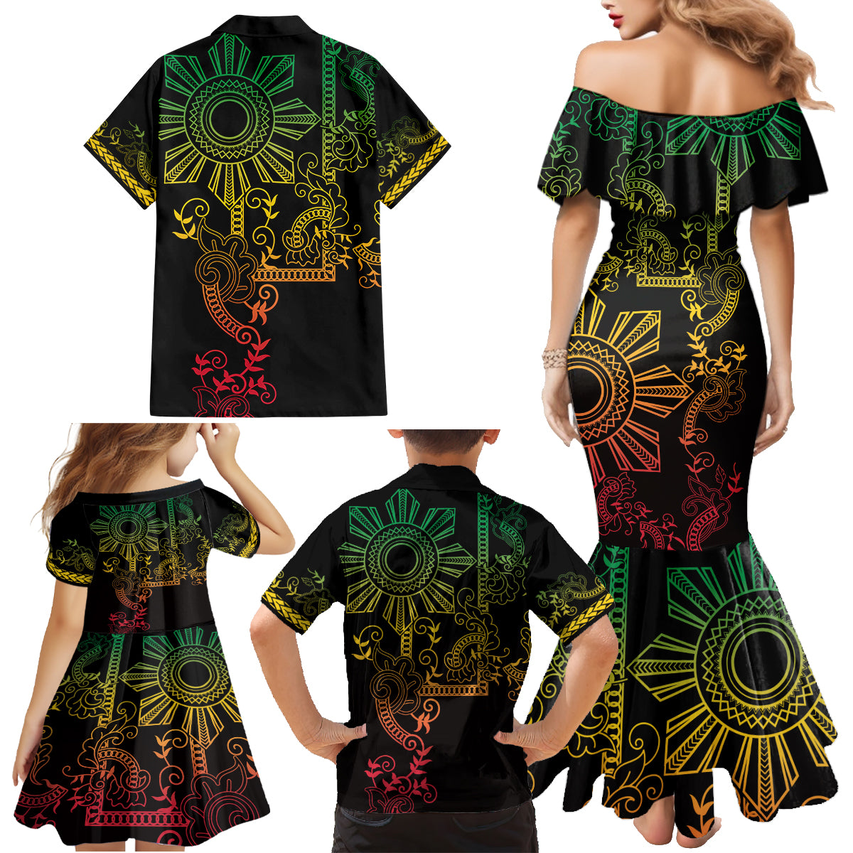 Filipino Sun Tribal Tattoo Family Matching Mermaid Dress and Hawaiian Shirt Philippines Inspired Barong Reggae Art LT9 - Polynesian Pride