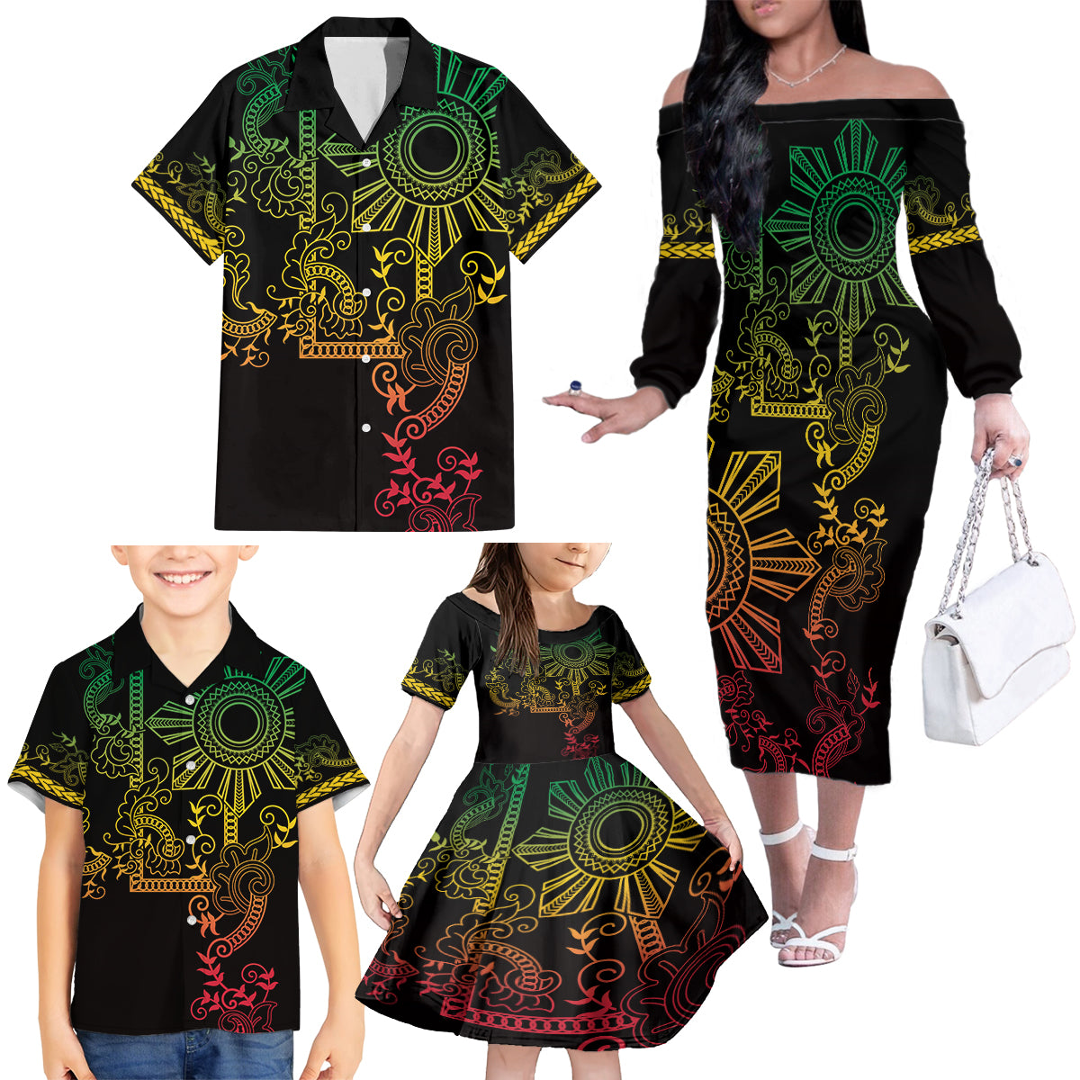 Filipino Sun Tribal Tattoo Family Matching Off The Shoulder Long Sleeve Dress and Hawaiian Shirt Philippines Inspired Barong Reggae Art LT9 - Polynesian Pride