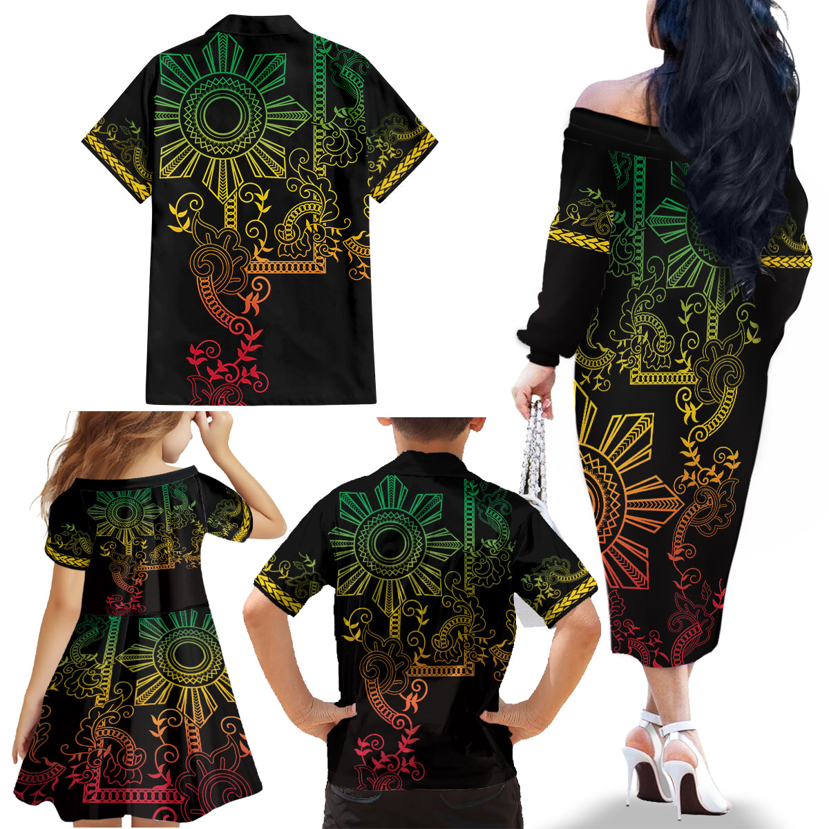 Filipino Sun Tribal Tattoo Family Matching Off The Shoulder Long Sleeve Dress and Hawaiian Shirt Philippines Inspired Barong Reggae Art LT9 - Polynesian Pride
