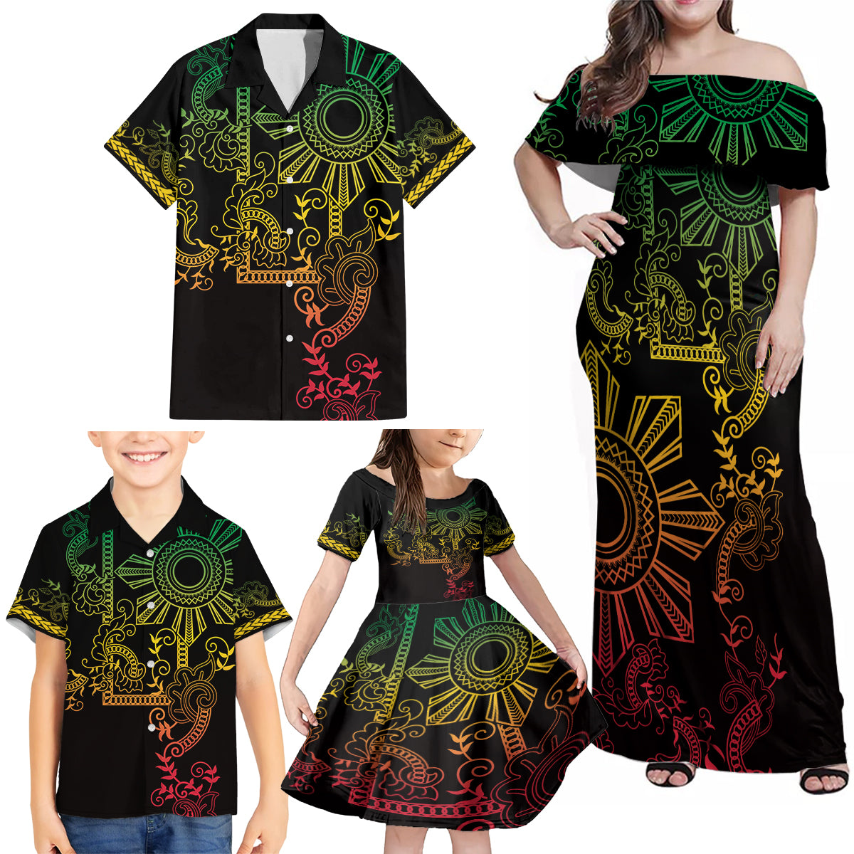 Filipino Sun Tribal Tattoo Family Matching Off Shoulder Maxi Dress and Hawaiian Shirt Philippines Inspired Barong Reggae Art LT9 - Polynesian Pride