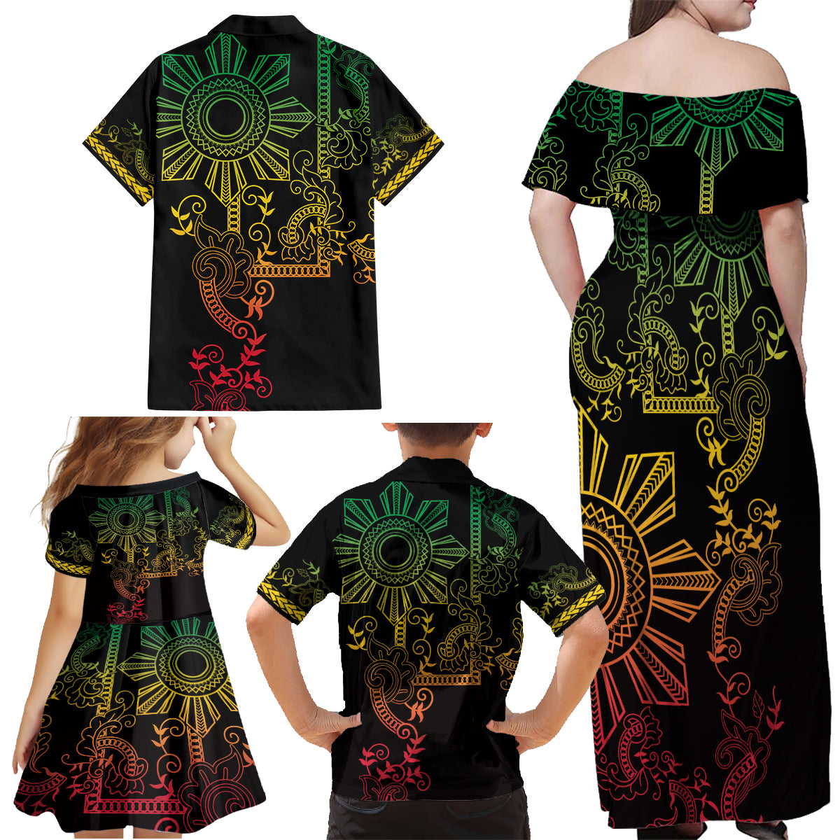 Filipino Sun Tribal Tattoo Family Matching Off Shoulder Maxi Dress and Hawaiian Shirt Philippines Inspired Barong Reggae Art LT9 - Polynesian Pride