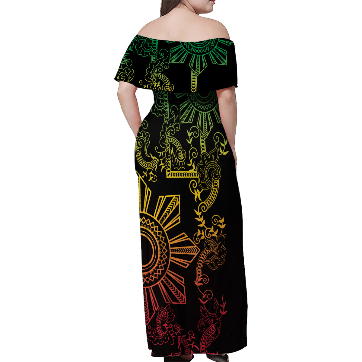 Filipino Sun Tribal Tattoo Family Matching Off Shoulder Maxi Dress and Hawaiian Shirt Philippines Inspired Barong Reggae Art LT9 - Polynesian Pride