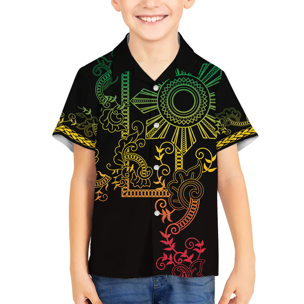 Filipino Sun Tribal Tattoo Family Matching Off Shoulder Maxi Dress and Hawaiian Shirt Philippines Inspired Barong Reggae Art LT9 Son's Shirt Reggae - Polynesian Pride