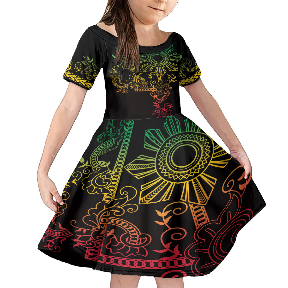 Filipino Sun Tribal Tattoo Family Matching Off Shoulder Short Dress and Hawaiian Shirt Philippines Inspired Barong Reggae Art LT9 Daughter's Dress Reggae - Polynesian Pride