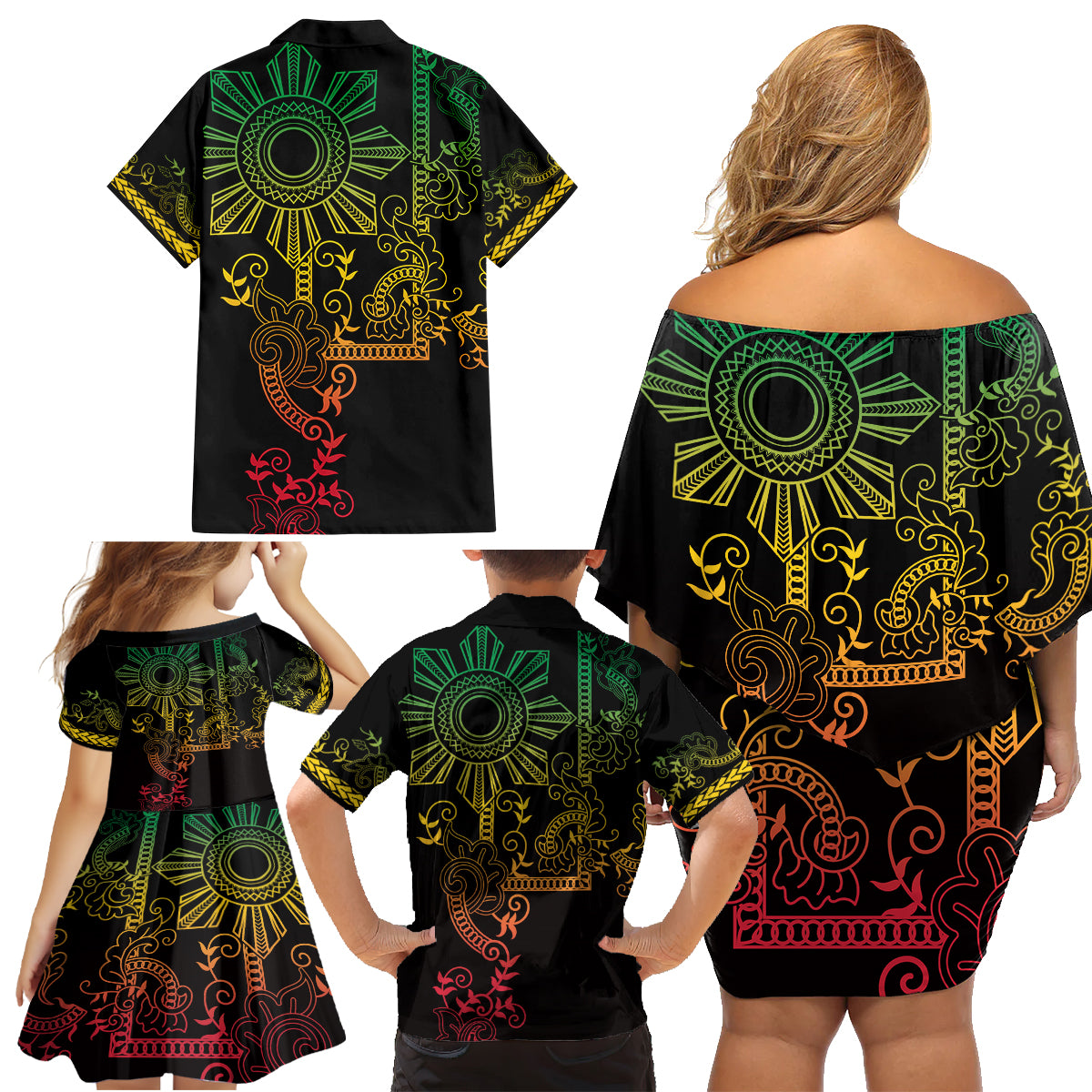 Filipino Sun Tribal Tattoo Family Matching Off Shoulder Short Dress and Hawaiian Shirt Philippines Inspired Barong Reggae Art LT9 - Polynesian Pride