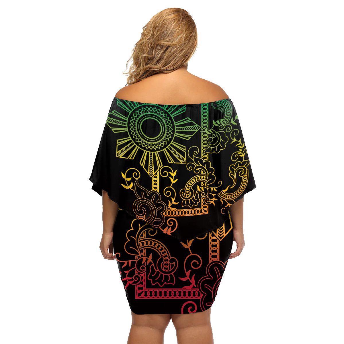 Filipino Sun Tribal Tattoo Family Matching Off Shoulder Short Dress and Hawaiian Shirt Philippines Inspired Barong Reggae Art LT9 - Polynesian Pride