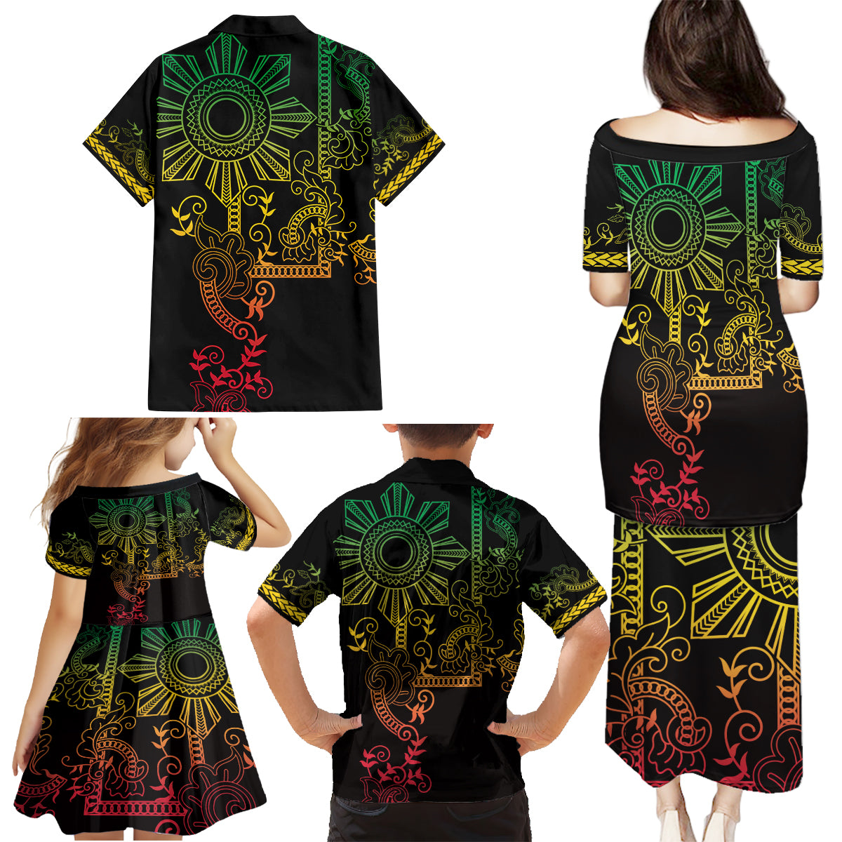 Filipino Sun Tribal Tattoo Family Matching Puletasi and Hawaiian Shirt Philippines Inspired Barong Reggae Art LT9 - Polynesian Pride