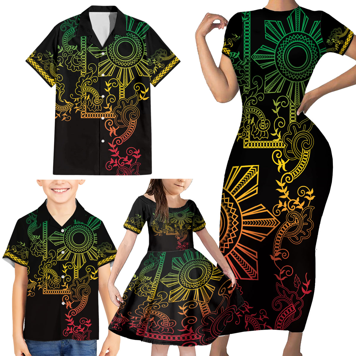 Filipino Sun Tribal Tattoo Family Matching Short Sleeve Bodycon Dress and Hawaiian Shirt Philippines Inspired Barong Reggae Art LT9 - Polynesian Pride