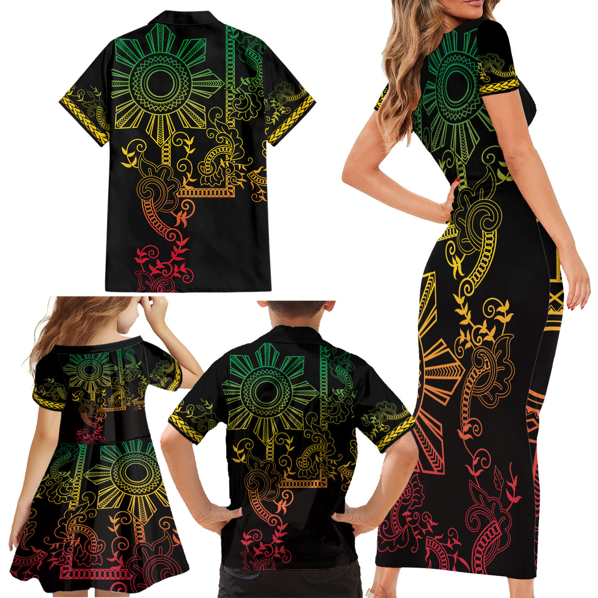 Filipino Sun Tribal Tattoo Family Matching Short Sleeve Bodycon Dress and Hawaiian Shirt Philippines Inspired Barong Reggae Art LT9 - Polynesian Pride