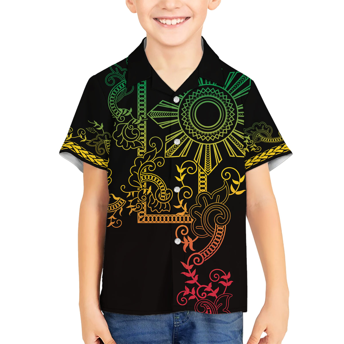 Filipino Sun Tribal Tattoo Family Matching Short Sleeve Bodycon Dress and Hawaiian Shirt Philippines Inspired Barong Reggae Art LT9 Son's Shirt Reggae - Polynesian Pride