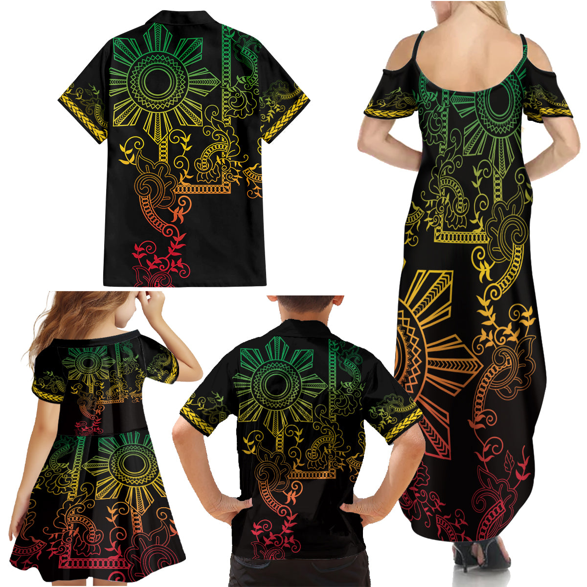 Filipino Sun Tribal Tattoo Family Matching Summer Maxi Dress and Hawaiian Shirt Philippines Inspired Barong Reggae Art LT9 - Polynesian Pride