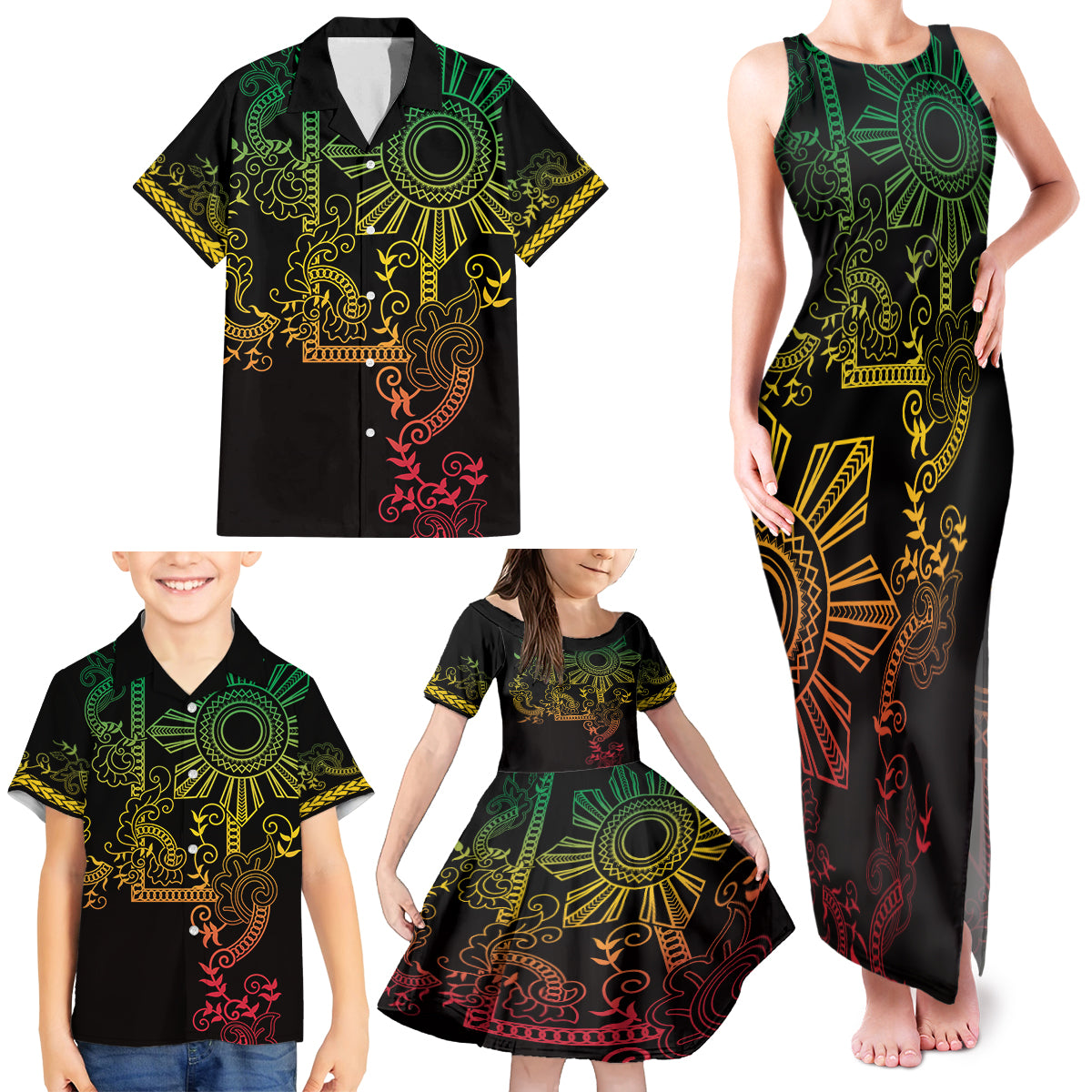 Filipino Sun Tribal Tattoo Family Matching Tank Maxi Dress and Hawaiian Shirt Philippines Inspired Barong Reggae Art LT9 - Polynesian Pride