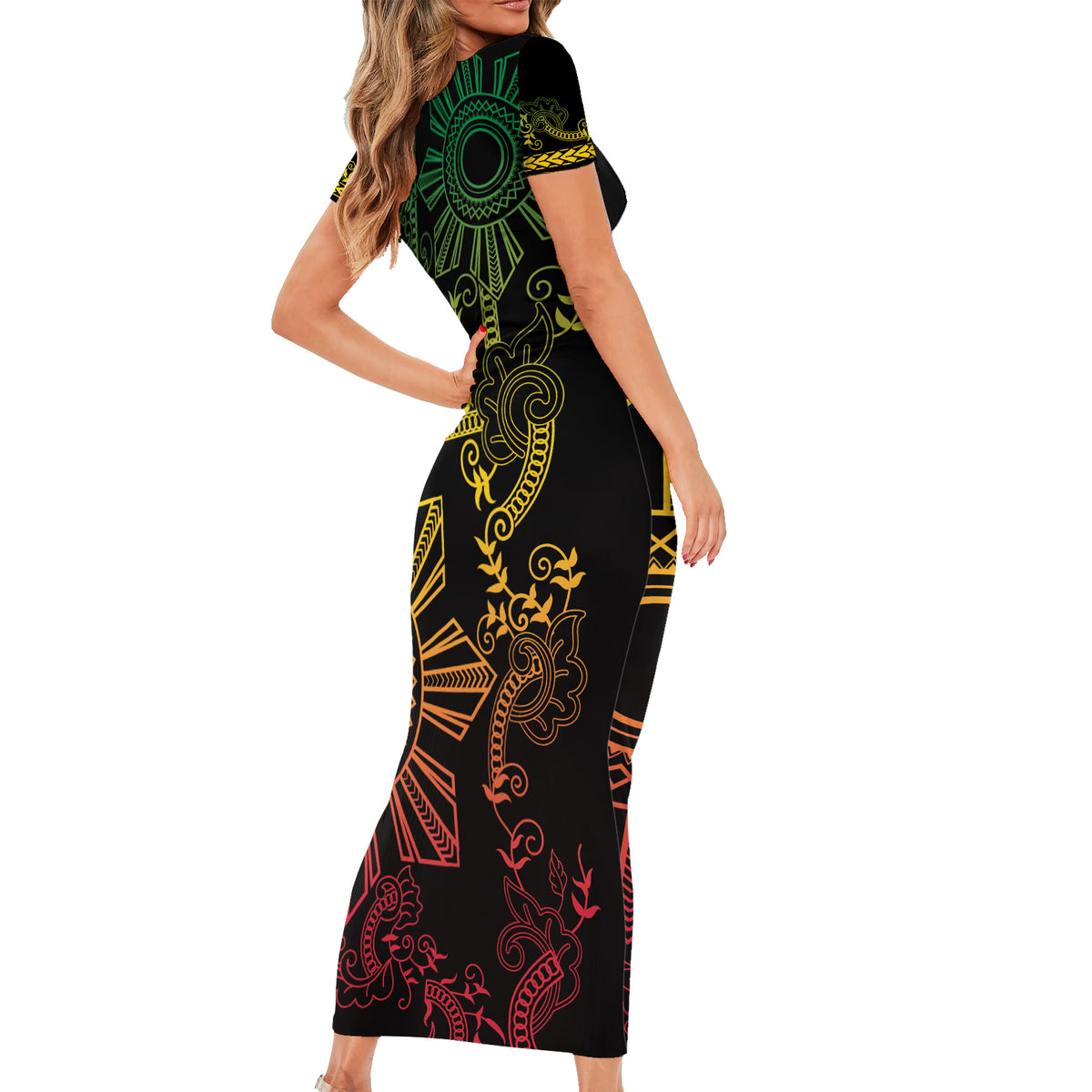 Filipino Sun Tribal Tattoo Short Sleeve Bodycon Dress Philippines Inspired Barong Reggae Art