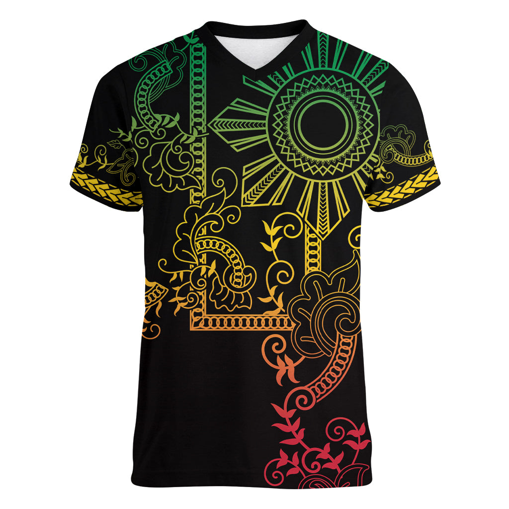 Filipino Sun Tribal Tattoo Women V-Neck T-Shirt Philippines Inspired Barong Reggae Art
