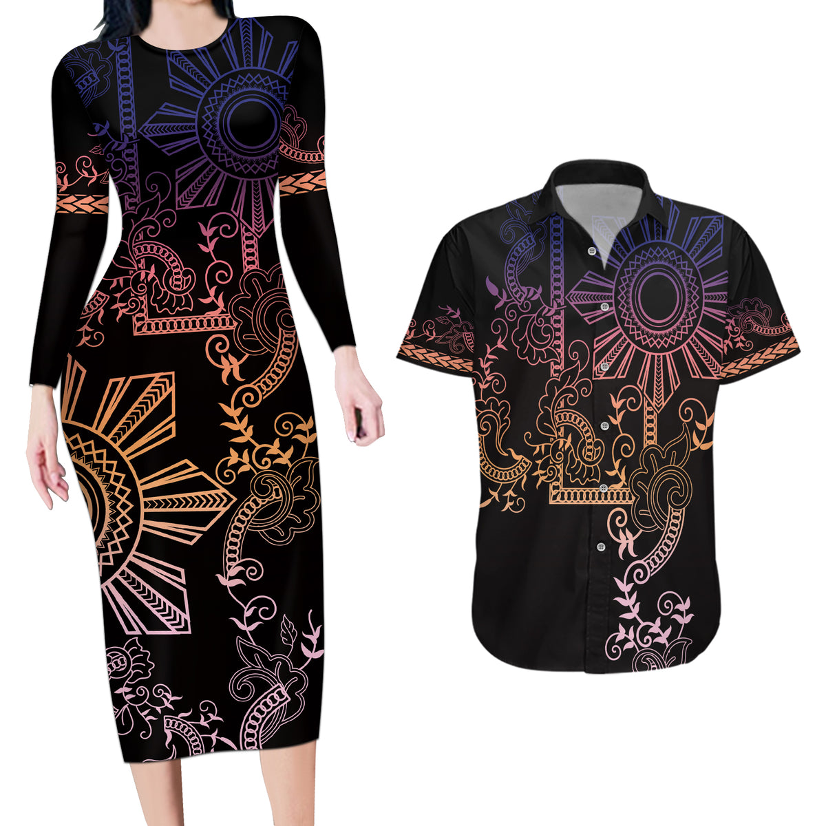 Filipino Sun Tribal Tattoo Couples Matching Long Sleeve Bodycon Dress and Hawaiian Shirt Philippines Inspired Barong Pink Art LT9 Pink - Polynesian Pride