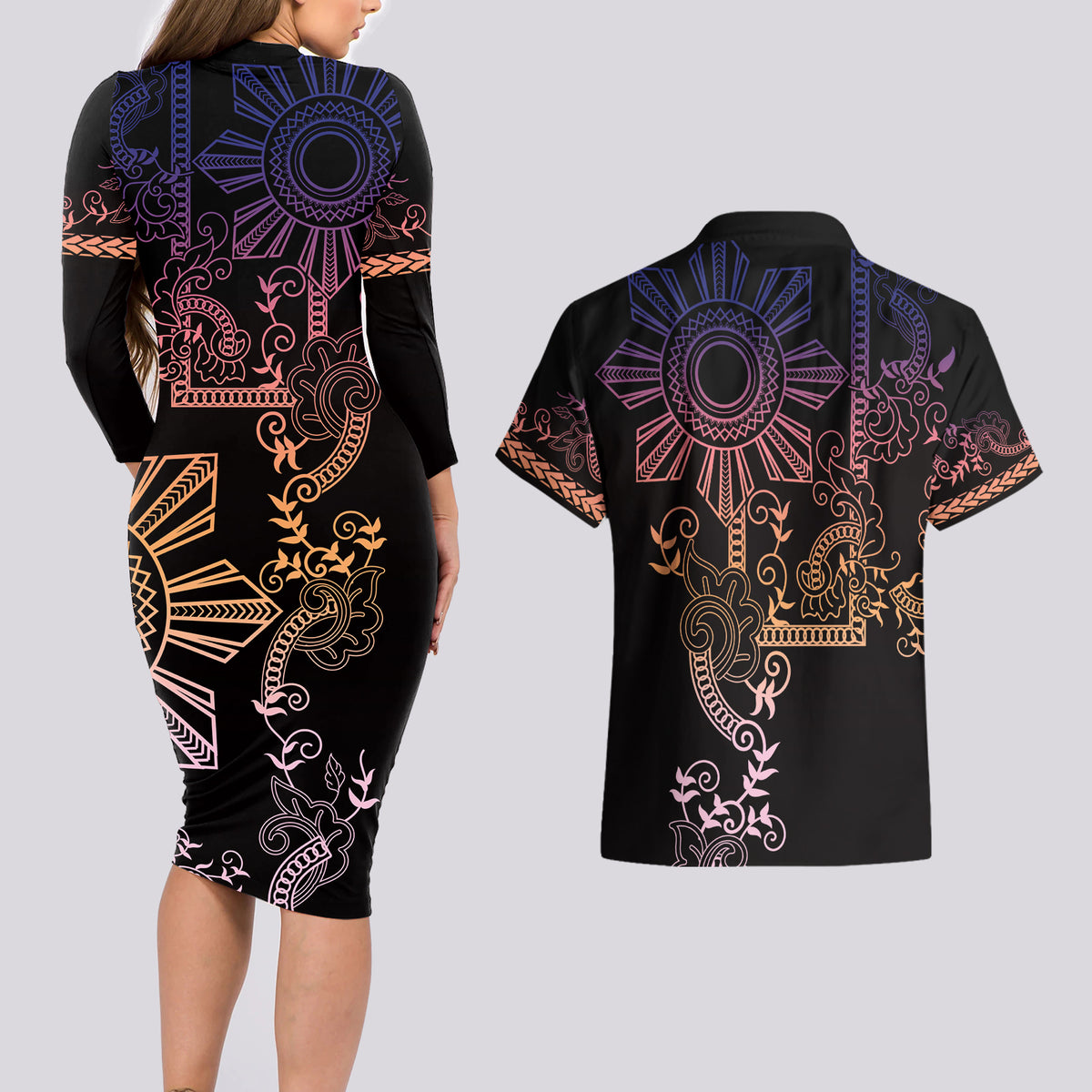 Filipino Sun Tribal Tattoo Couples Matching Long Sleeve Bodycon Dress and Hawaiian Shirt Philippines Inspired Barong Pink Art LT9 - Polynesian Pride