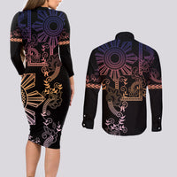 Filipino Sun Tribal Tattoo Couples Matching Long Sleeve Bodycon Dress and Long Sleeve Button Shirt Philippines Inspired Barong Pink Art LT9 - Polynesian Pride