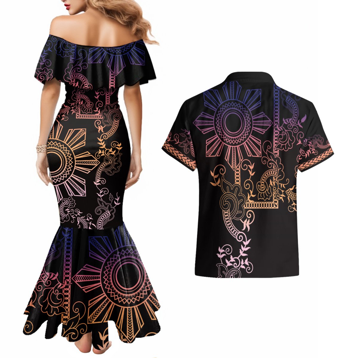 Filipino Sun Tribal Tattoo Couples Matching Mermaid Dress and Hawaiian Shirt Philippines Inspired Barong Pink Art LT9 - Polynesian Pride