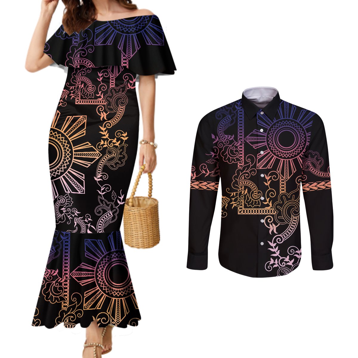 Filipino Sun Tribal Tattoo Couples Matching Mermaid Dress and Long Sleeve Button Shirt Philippines Inspired Barong Pink Art