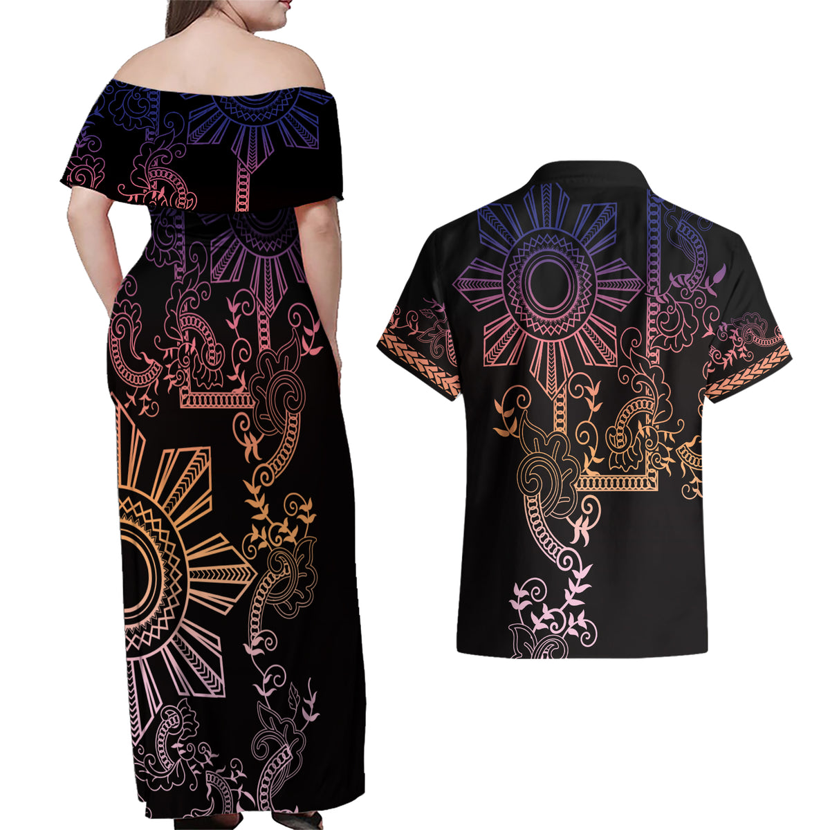 Filipino Sun Tribal Tattoo Couples Matching Off Shoulder Maxi Dress and Hawaiian Shirt Philippines Inspired Barong Pink Art LT9 - Polynesian Pride