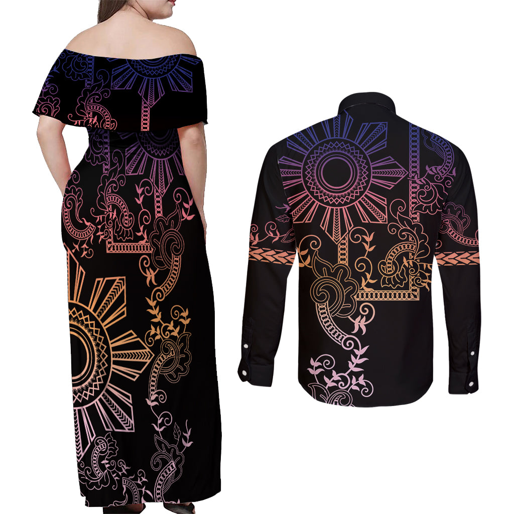 Filipino Sun Tribal Tattoo Couples Matching Off Shoulder Maxi Dress and Long Sleeve Button Shirt Philippines Inspired Barong Pink Art LT9 - Polynesian Pride