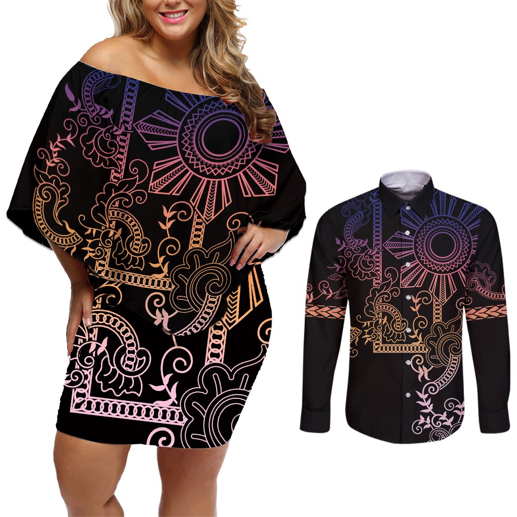 Filipino Sun Tribal Tattoo Couples Matching Off Shoulder Short Dress and Long Sleeve Button Shirt Philippines Inspired Barong Pink Art LT9 Pink - Polynesian Pride