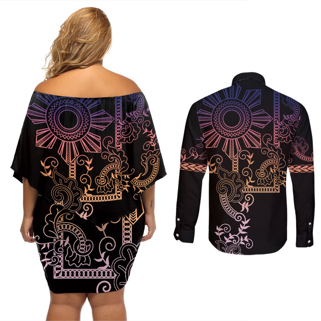 Filipino Sun Tribal Tattoo Couples Matching Off Shoulder Short Dress and Long Sleeve Button Shirt Philippines Inspired Barong Pink Art LT9 - Polynesian Pride