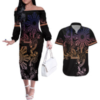 Filipino Sun Tribal Tattoo Couples Matching Off The Shoulder Long Sleeve Dress and Hawaiian Shirt Philippines Inspired Barong Pink Art LT9 Pink - Polynesian Pride