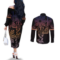 Filipino Sun Tribal Tattoo Couples Matching Off The Shoulder Long Sleeve Dress and Long Sleeve Button Shirt Philippines Inspired Barong Pink Art LT9 - Polynesian Pride