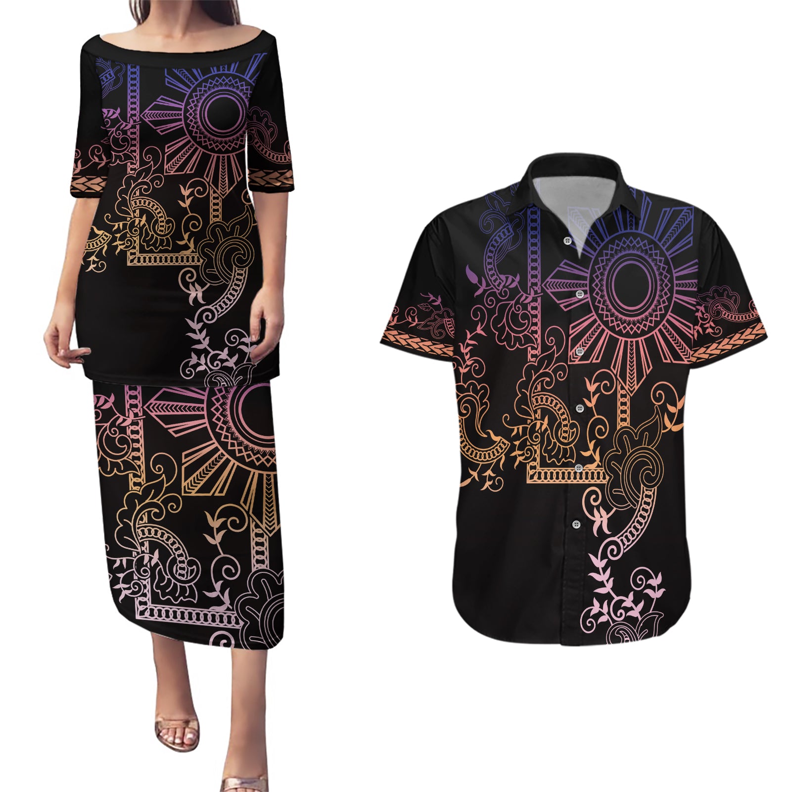Filipino Sun Tribal Tattoo Couples Matching Puletasi and Hawaiian Shirt Philippines Inspired Barong Pink Art