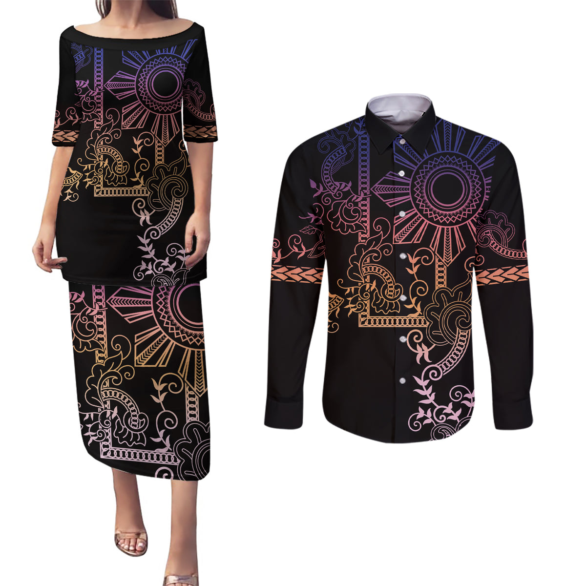 Filipino Sun Tribal Tattoo Couples Matching Puletasi and Long Sleeve Button Shirt Philippines Inspired Barong Pink Art