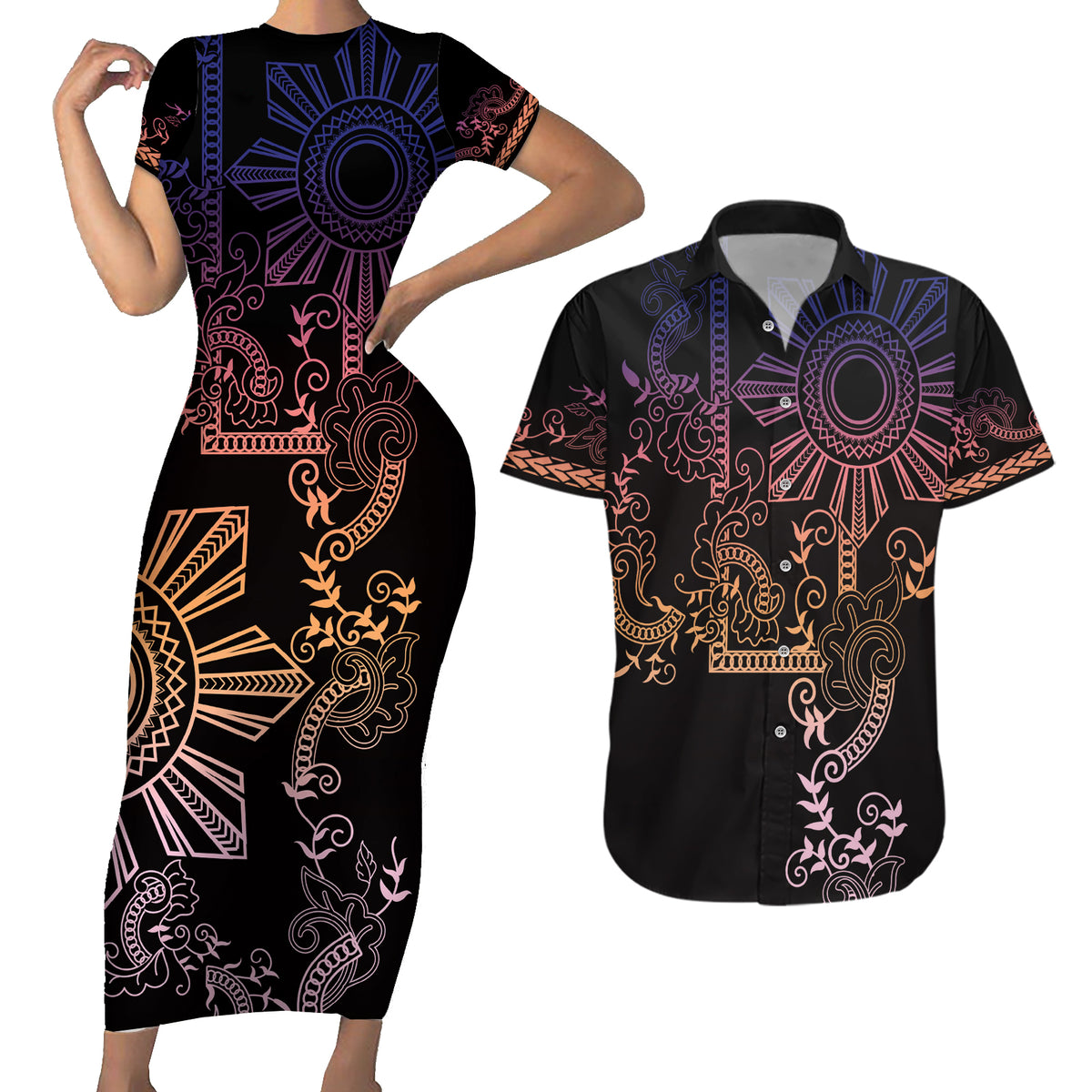 Filipino Sun Tribal Tattoo Couples Matching Short Sleeve Bodycon Dress and Hawaiian Shirt Philippines Inspired Barong Pink Art LT9 Pink - Polynesian Pride