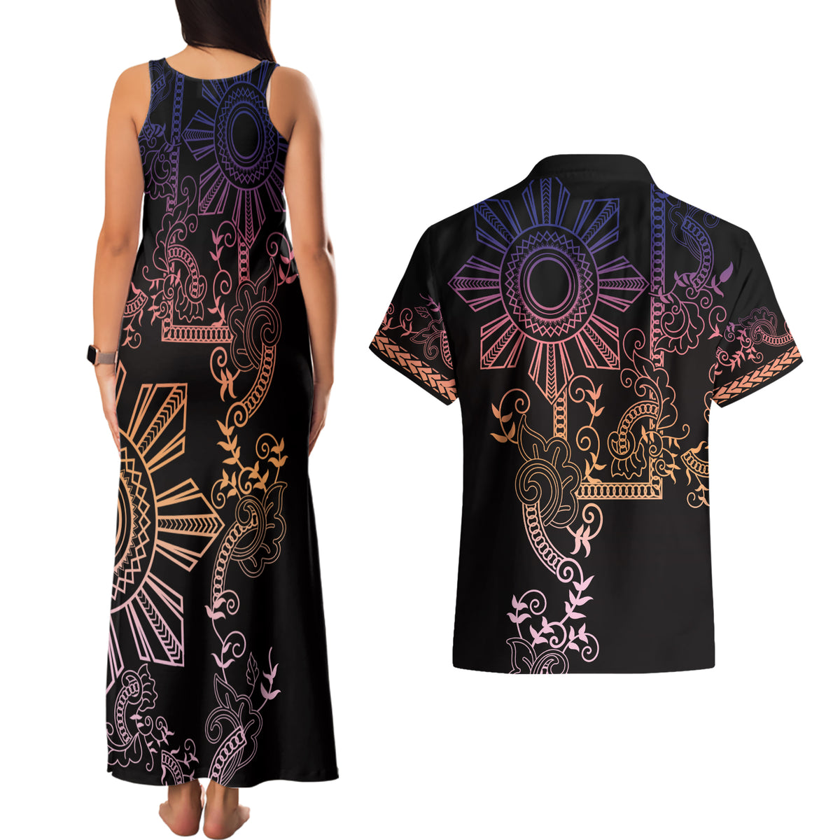 Filipino Sun Tribal Tattoo Couples Matching Tank Maxi Dress and Hawaiian Shirt Philippines Inspired Barong Pink Art LT9 - Polynesian Pride