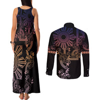 Filipino Sun Tribal Tattoo Couples Matching Tank Maxi Dress and Long Sleeve Button Shirt Philippines Inspired Barong Pink Art LT9 - Polynesian Pride