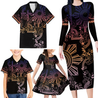 Filipino Sun Tribal Tattoo Family Matching Long Sleeve Bodycon Dress and Hawaiian Shirt Philippines Inspired Barong Pink Art LT9 - Polynesian Pride