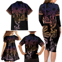Filipino Sun Tribal Tattoo Family Matching Long Sleeve Bodycon Dress and Hawaiian Shirt Philippines Inspired Barong Pink Art LT9 - Polynesian Pride