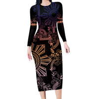Filipino Sun Tribal Tattoo Family Matching Long Sleeve Bodycon Dress and Hawaiian Shirt Philippines Inspired Barong Pink Art LT9 Mom's Dress Pink - Polynesian Pride