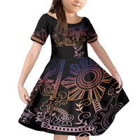 Filipino Sun Tribal Tattoo Family Matching Mermaid Dress and Hawaiian Shirt Philippines Inspired Barong Pink Art LT9 Daughter's Dress Pink - Polynesian Pride