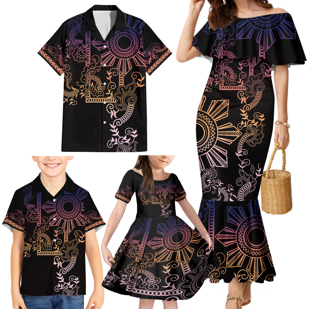 Filipino Sun Tribal Tattoo Family Matching Mermaid Dress and Hawaiian Shirt Philippines Inspired Barong Pink Art LT9 - Polynesian Pride