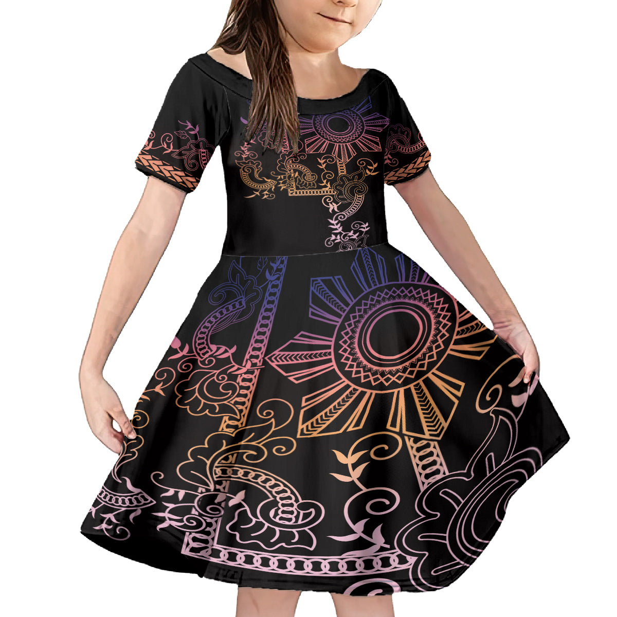 Filipino Sun Tribal Tattoo Family Matching Off Shoulder Maxi Dress and Hawaiian Shirt Philippines Inspired Barong Pink Art LT9 Daughter's Dress Pink - Polynesian Pride